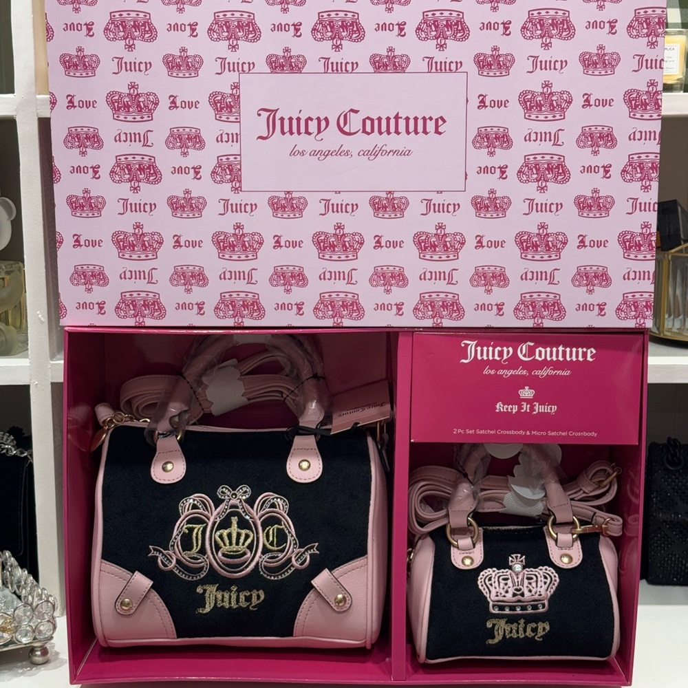 Juicy Couture Lovers Club 2PC Satchel Set Liquorice Black & Pink NWT